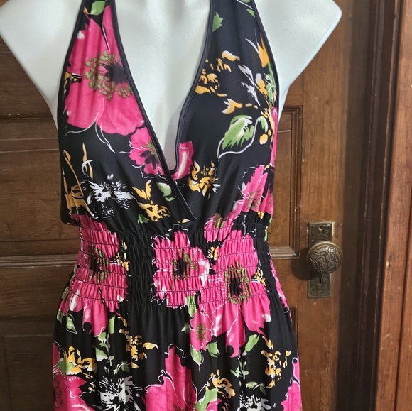 Halter Tie Silk Blend Floral Maxi dress Black Size XL - Picture 4 of 7